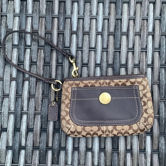 Coach Brown Signature C Canvas and Leather Wristlet - Picture 1 of 16